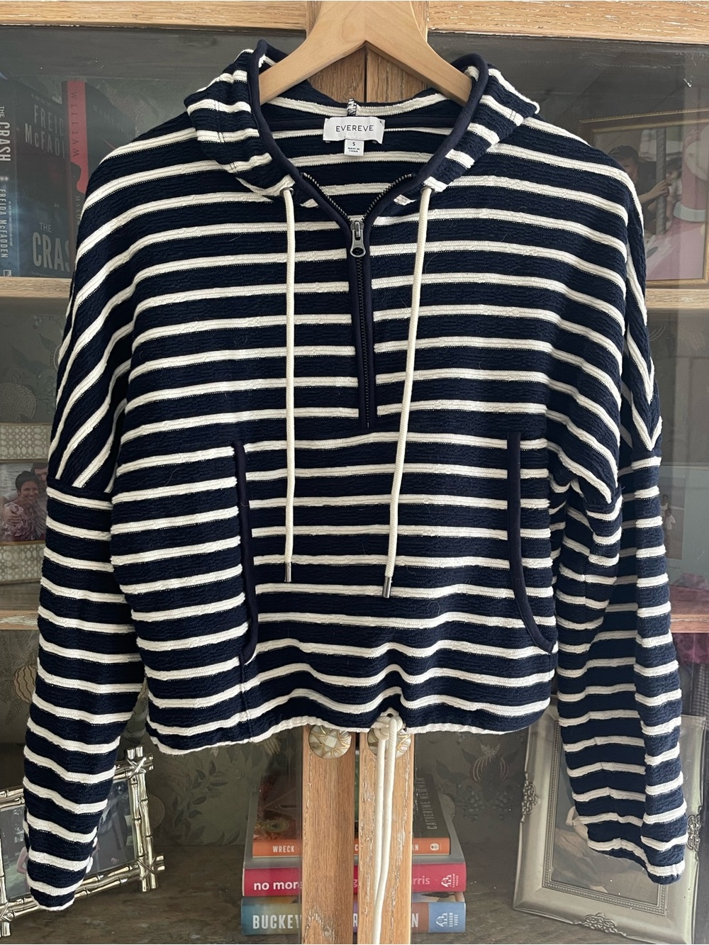 Evereve Navy & White Striped Half-Zip Hooded Pullover